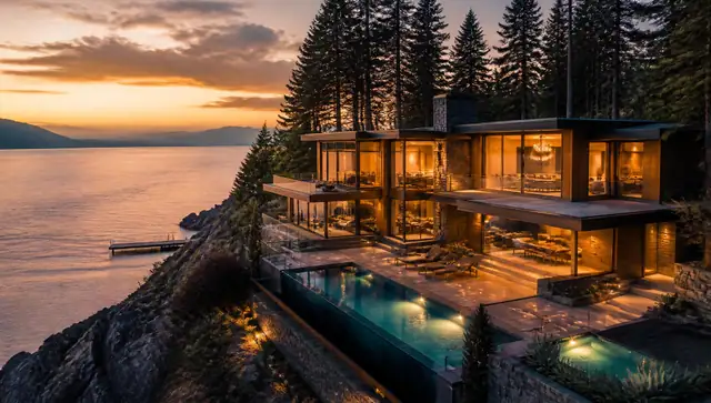 Luxury modern lakefront home in King County at dusk — Allen Uyeno, King County real estate agent